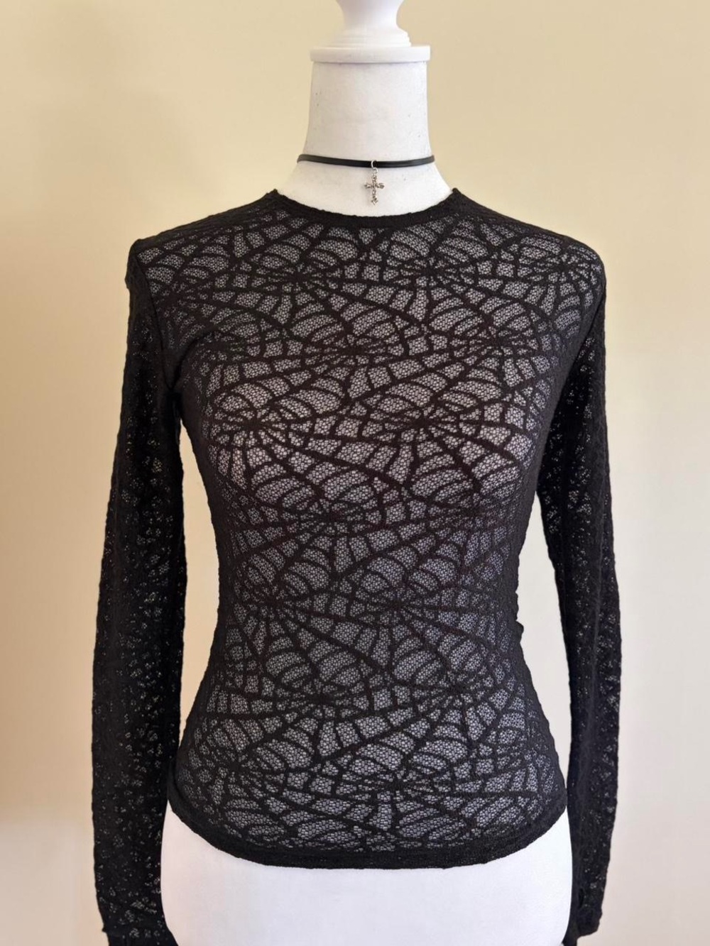 RARE vintage 90s mall goth spiderweb sheer mesh black long sleeve top fishnet XS
